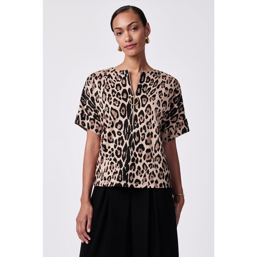 Trina Turk Stagehands Half-Zip Top Leopard Jaguar Knit Jacquard Size Large